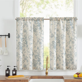 jinchan floral linen tier curtains close-up showing blue flowers on beige fabric for texture and pattern