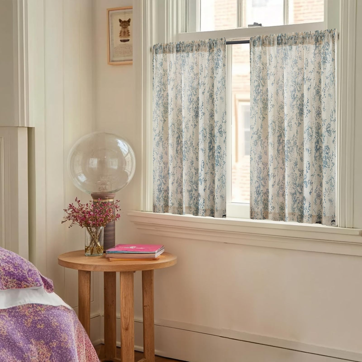 jinchan floral linen tier curtains full panel with blue floral pattern on beige backdrop