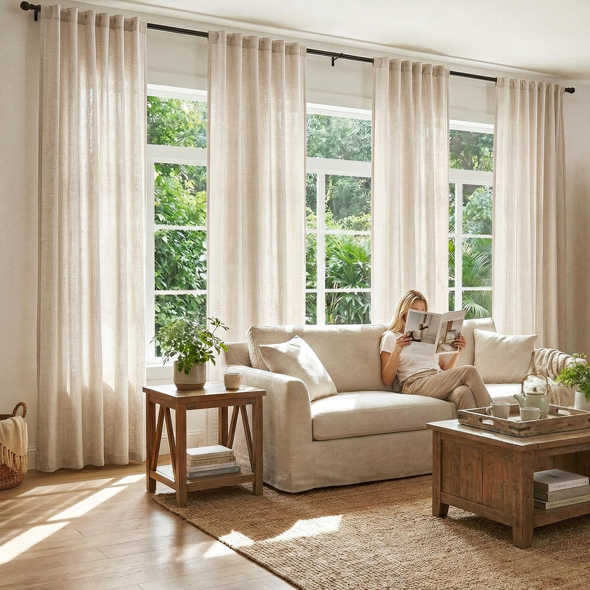 Light-filtering Jinchan curtains shown with a modern window display.