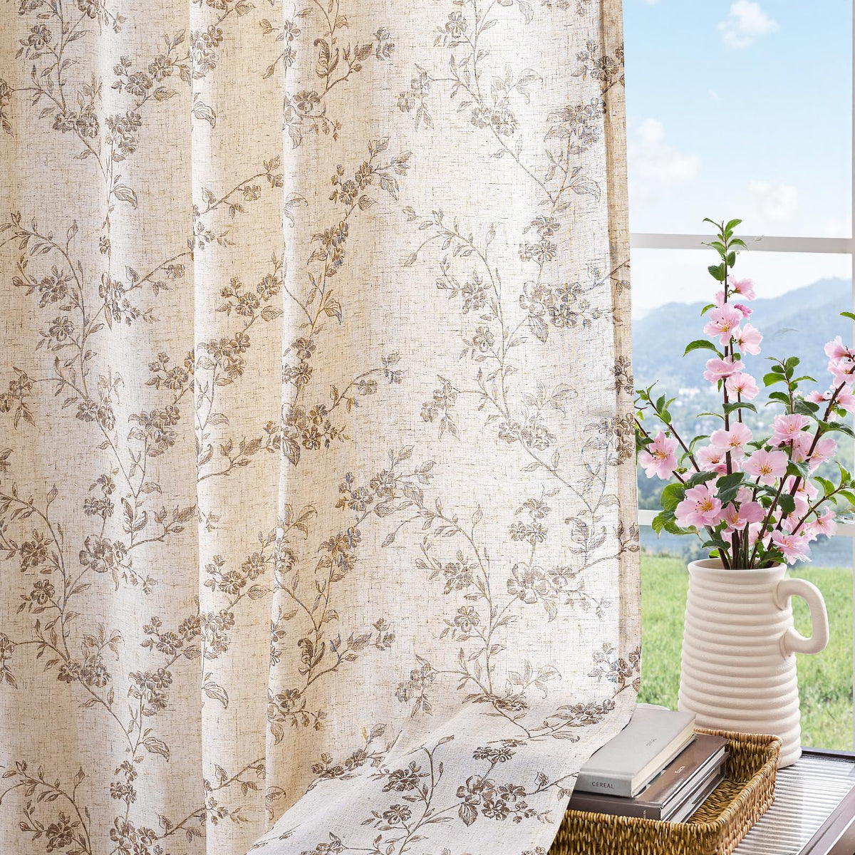 Jinchan Linen Floral Curtains 84in back-tab hanging demonstrates versatile installation