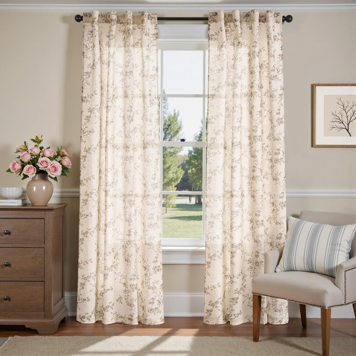 Jinchan Linen Floral Curtains 84in close-up texture shows natural weave and soft light diffusion