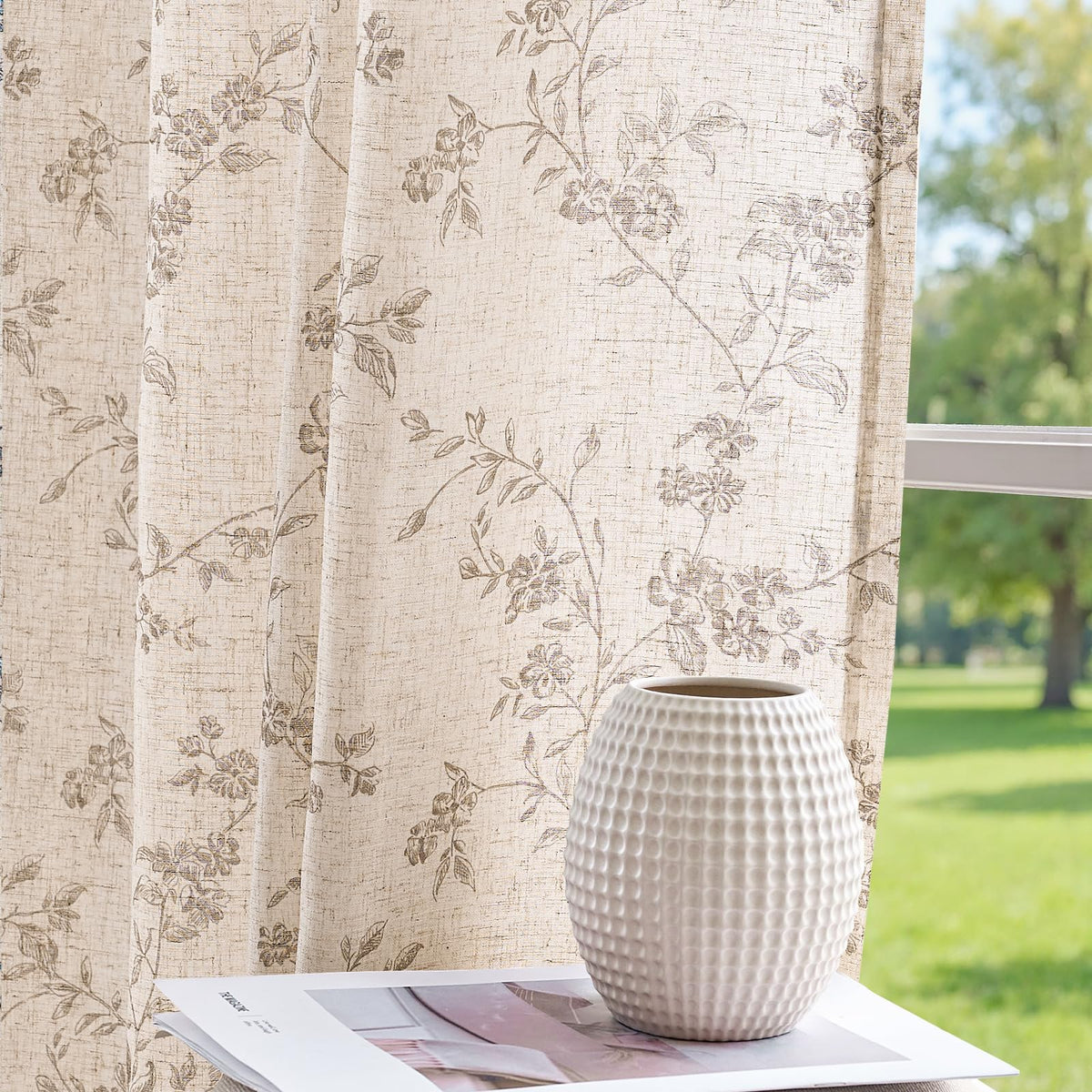 Jinchan Linen Floral Curtains 84in stitching detail underscores durable craftsmanship