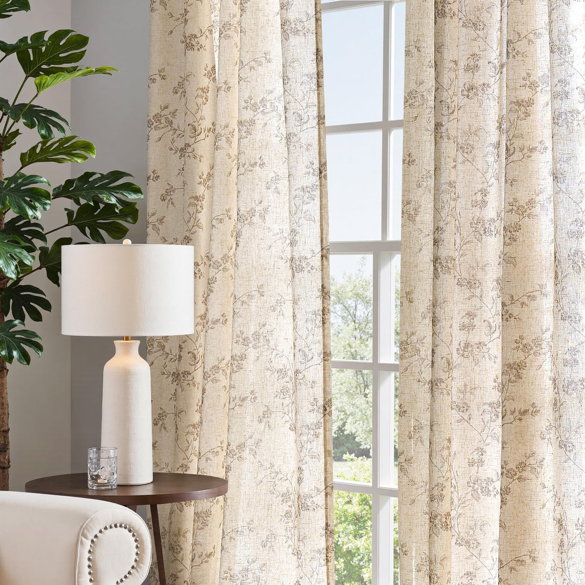 Jinchan Linen Floral Curtains 84in warm taupe on beige tone enhances rustic charm