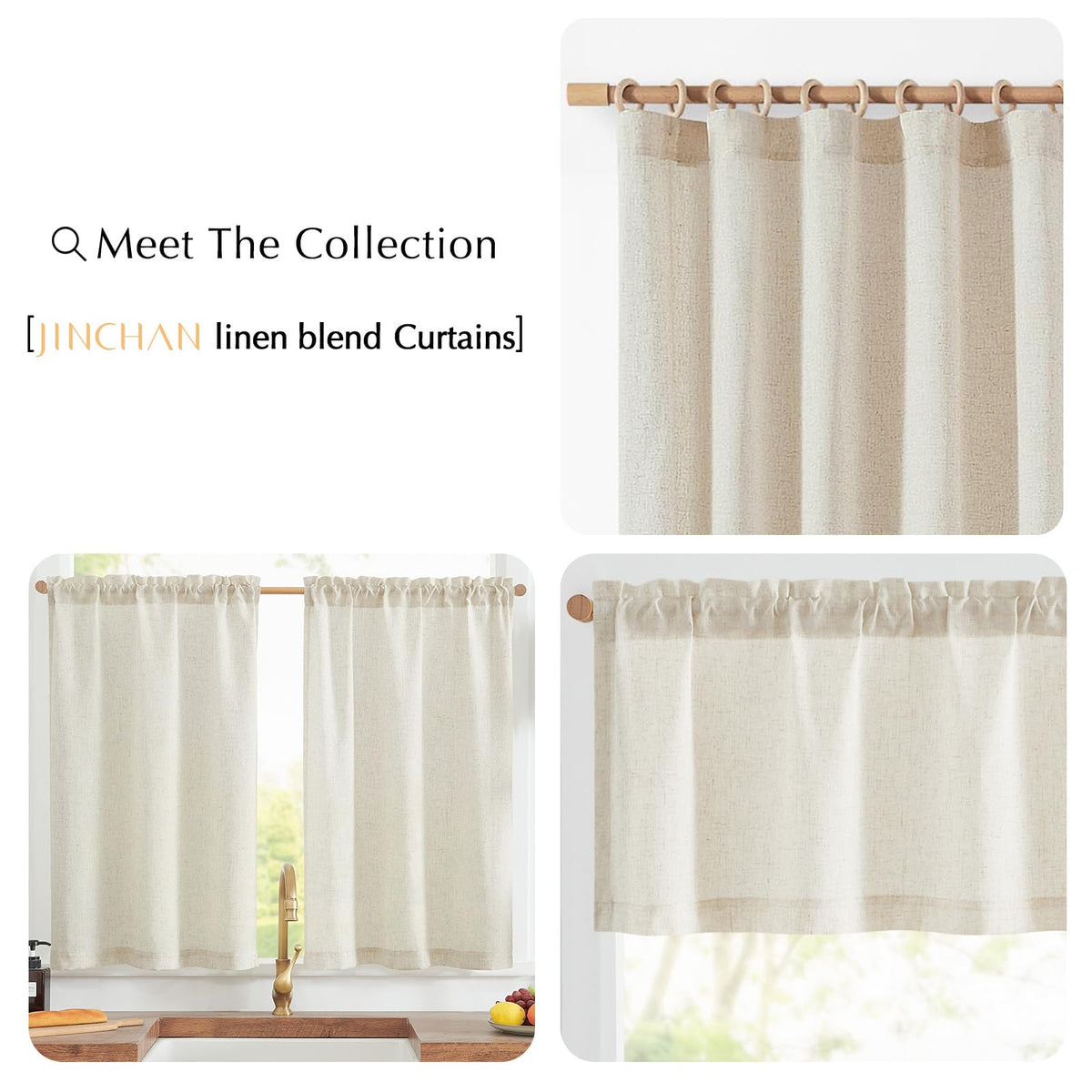 Jinchan linen textured tier curtains neutral finish suits farmhouse decor.