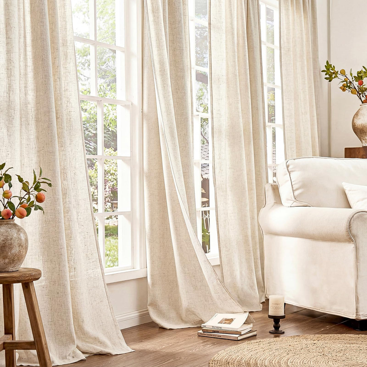 Neutral ecru shade of Jinchan curtains complements rustic decor.