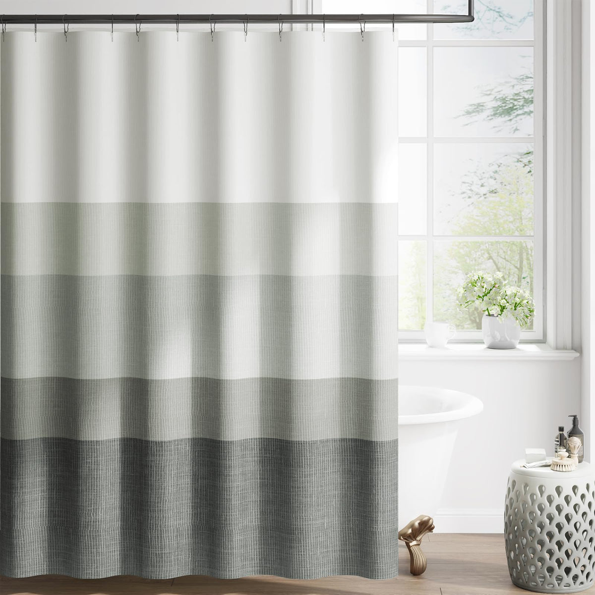 Jinchan Ombre Cloudy Grey striped shower curtain adds a modern gradient focal point to your bathroom.