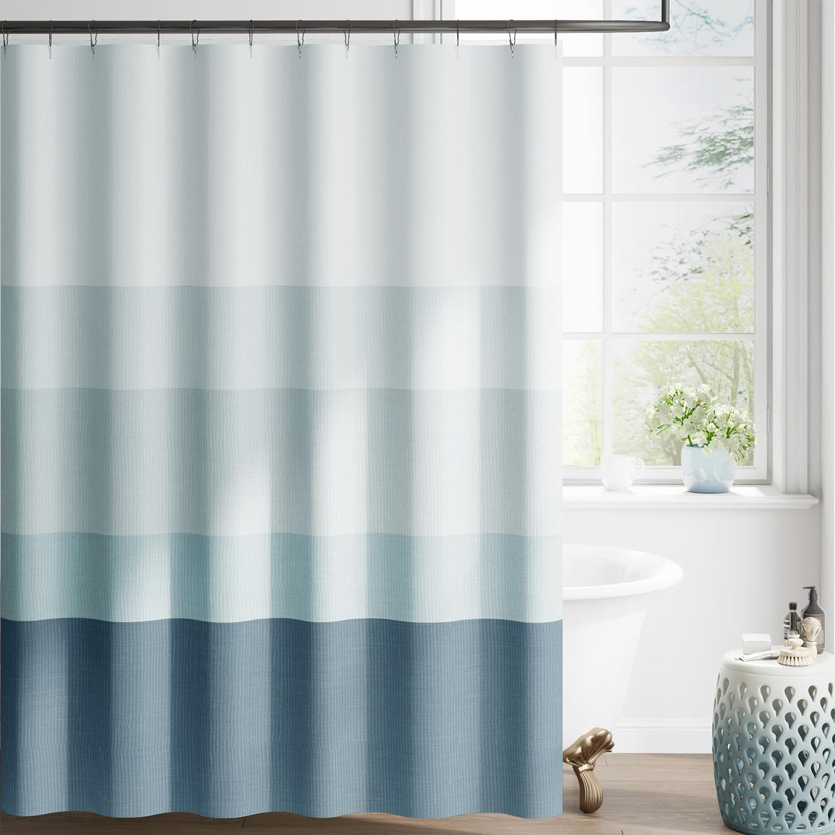 Jinchan ombre ocean blue shower curtain adds calm gradient to your bathroom.