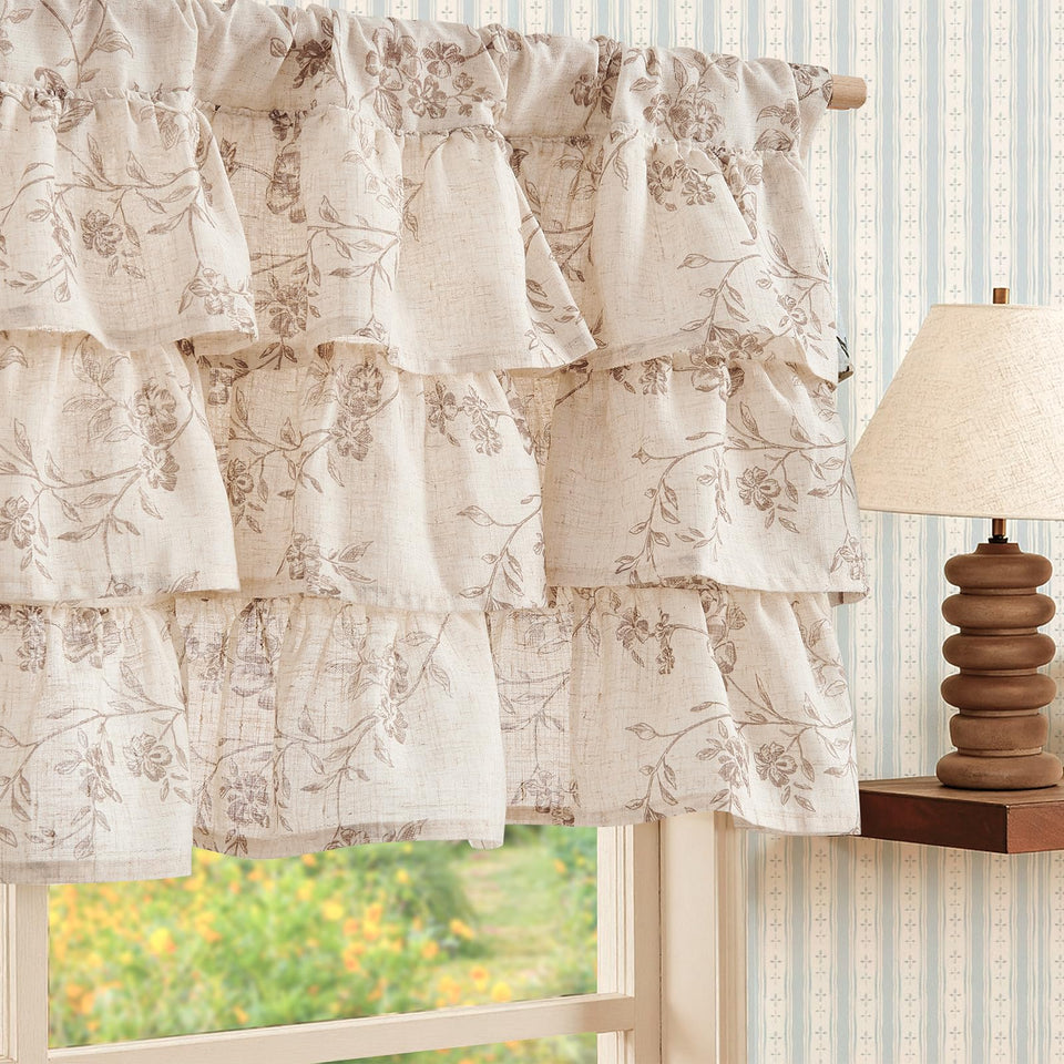Jinchan ruffled floral valance in taupe linen adds cozy kitchen ambiance.