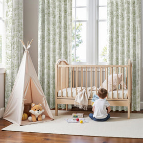 Jinchan sage green-on-beige print curtains enhance versatile nursery decor.