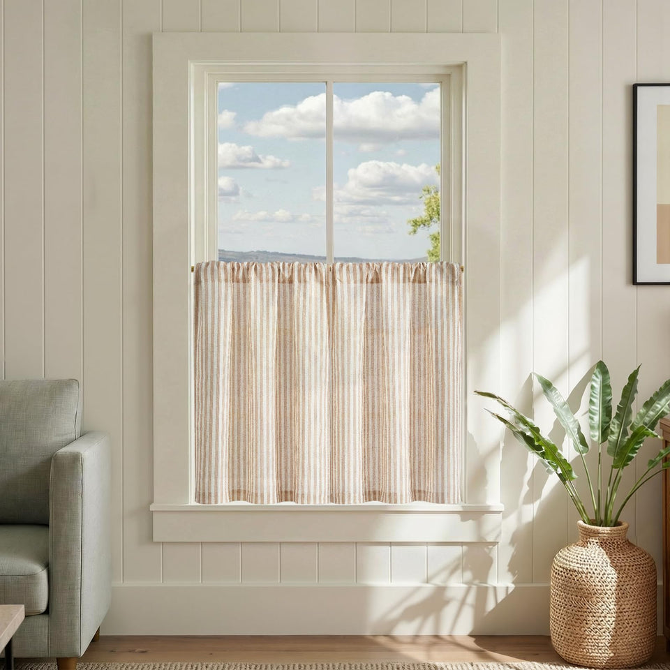 Jinchan striped linen kitchen curtains with soft light filtering for a cozy tan space.