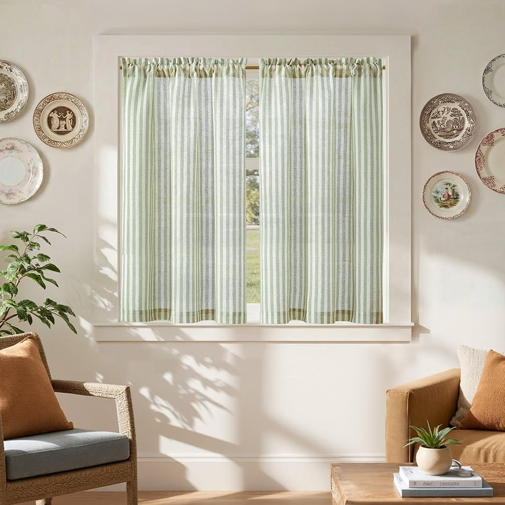 jinchan striped linen kitchen curtains in sage green pair add soft light and privacy