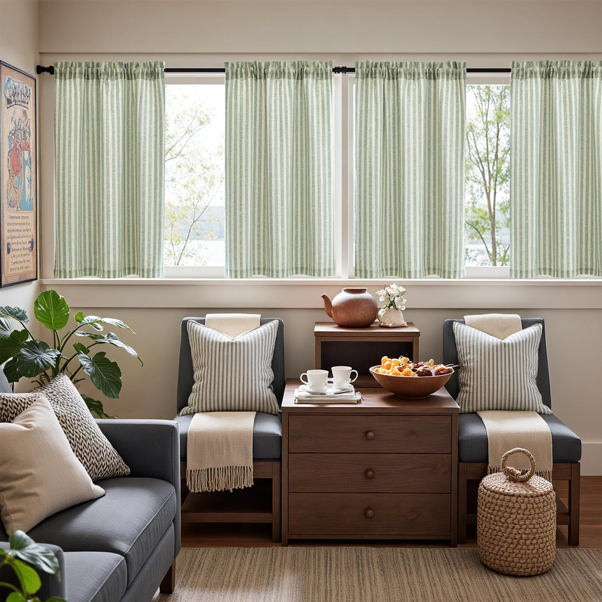 jinchan striped linen kitchen curtain sage green close-up highlighting natural texture for a cozy room