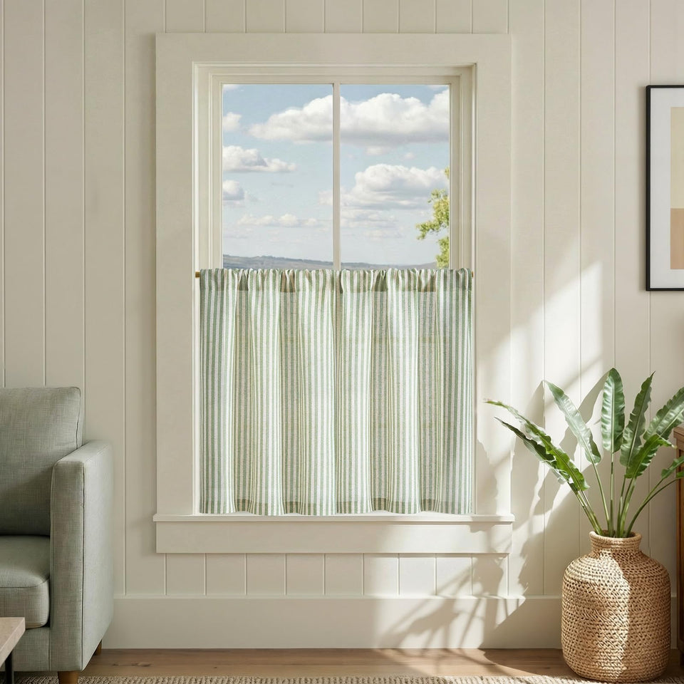 Jinchan striped linen kitchen curtains in sage green — front view, light filtering for small windows.