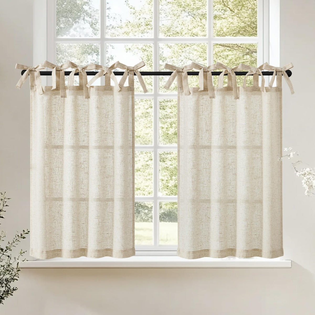 Jinchan tie-top linen kitchen curtains with two panels for wide coverage and easy install.