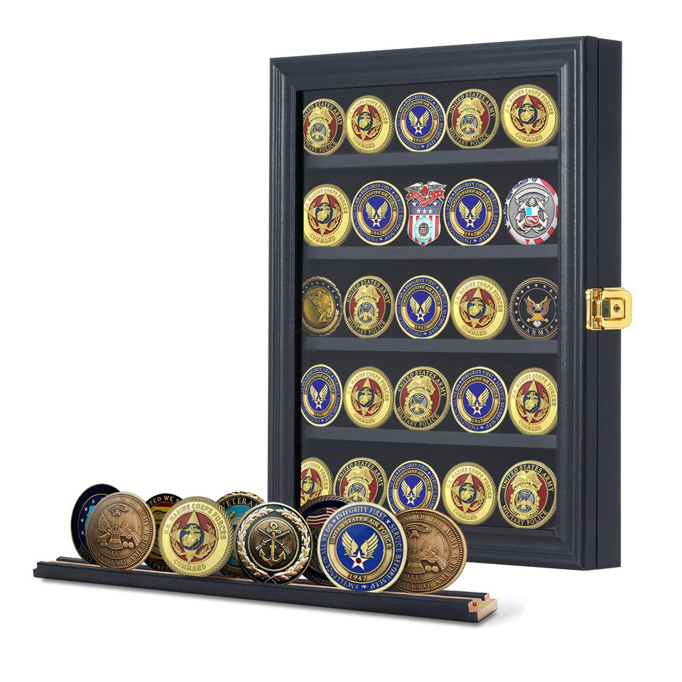 Jinchuan military challenge coin display case with lockable door keeps coins organized.