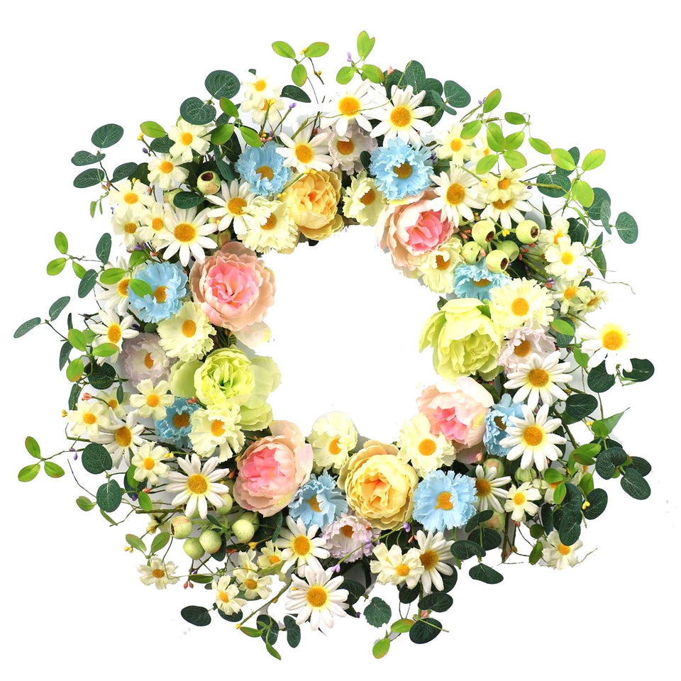 JINGHONG 24-inch wreath with daisies and roses for vibrant entryway decor