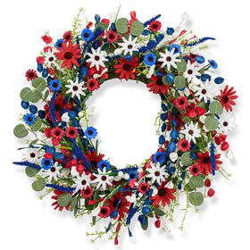 JINGHONG 22-inch patriotic wreath for front door with bold red white blue blooms.