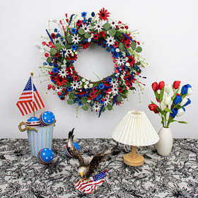 JINGHONG red white blue daisy wreath adds festive entryway charm.