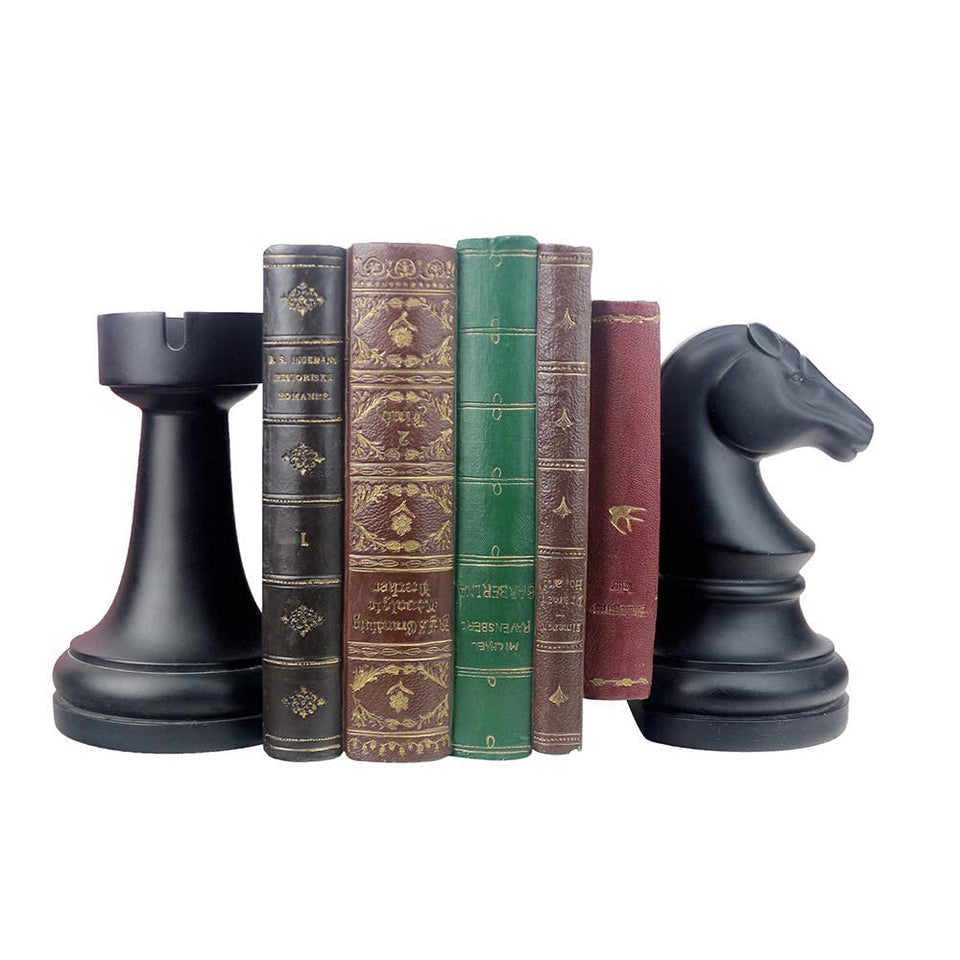 Jinhuoba chess bookends black pair supports heavy books on a desk.