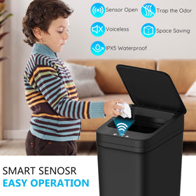 jinligogo bathroom trash can sensor lid open demonstrating touchless use