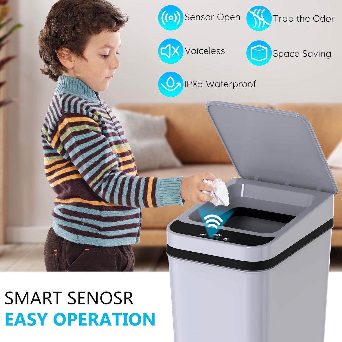 jinligogo touchless motion sensor trash bin: effortless opening for hygienic kitchen or bathroom use