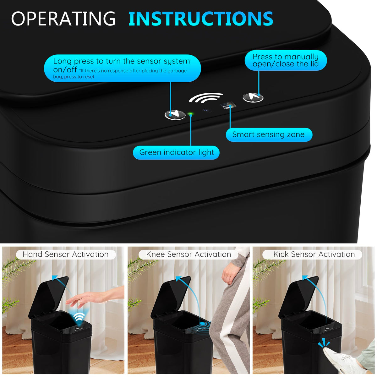 jinligogo trash can shows battery compartment for two AA batteries
