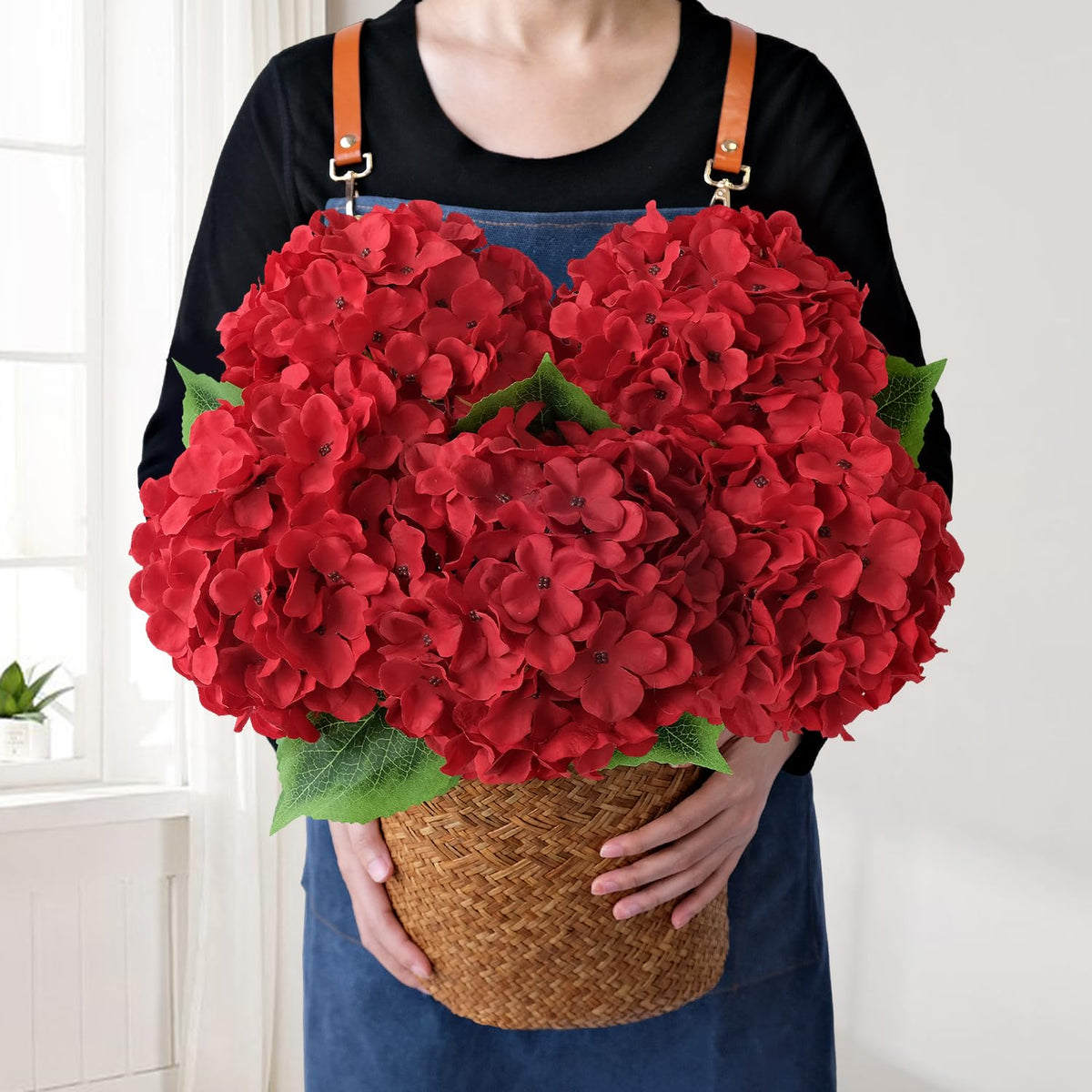 JINWOE red silk hydrangea bouquet full head for lush table decor