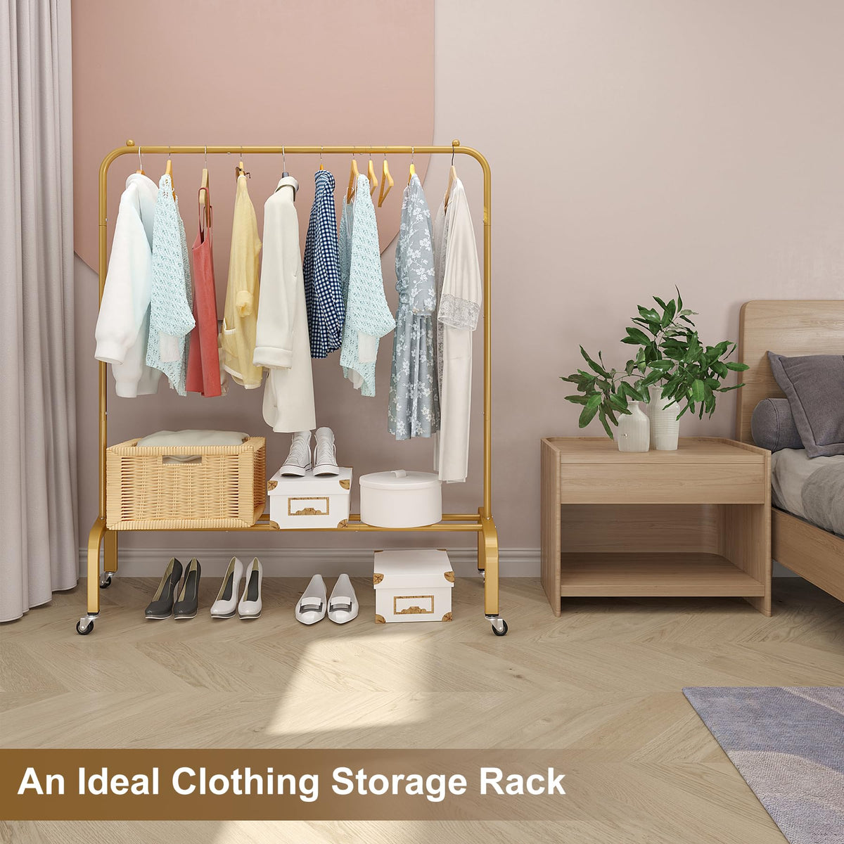 JIUYOTREE gold finish clothes rack adds elegant storage for bedrooms or boutiques