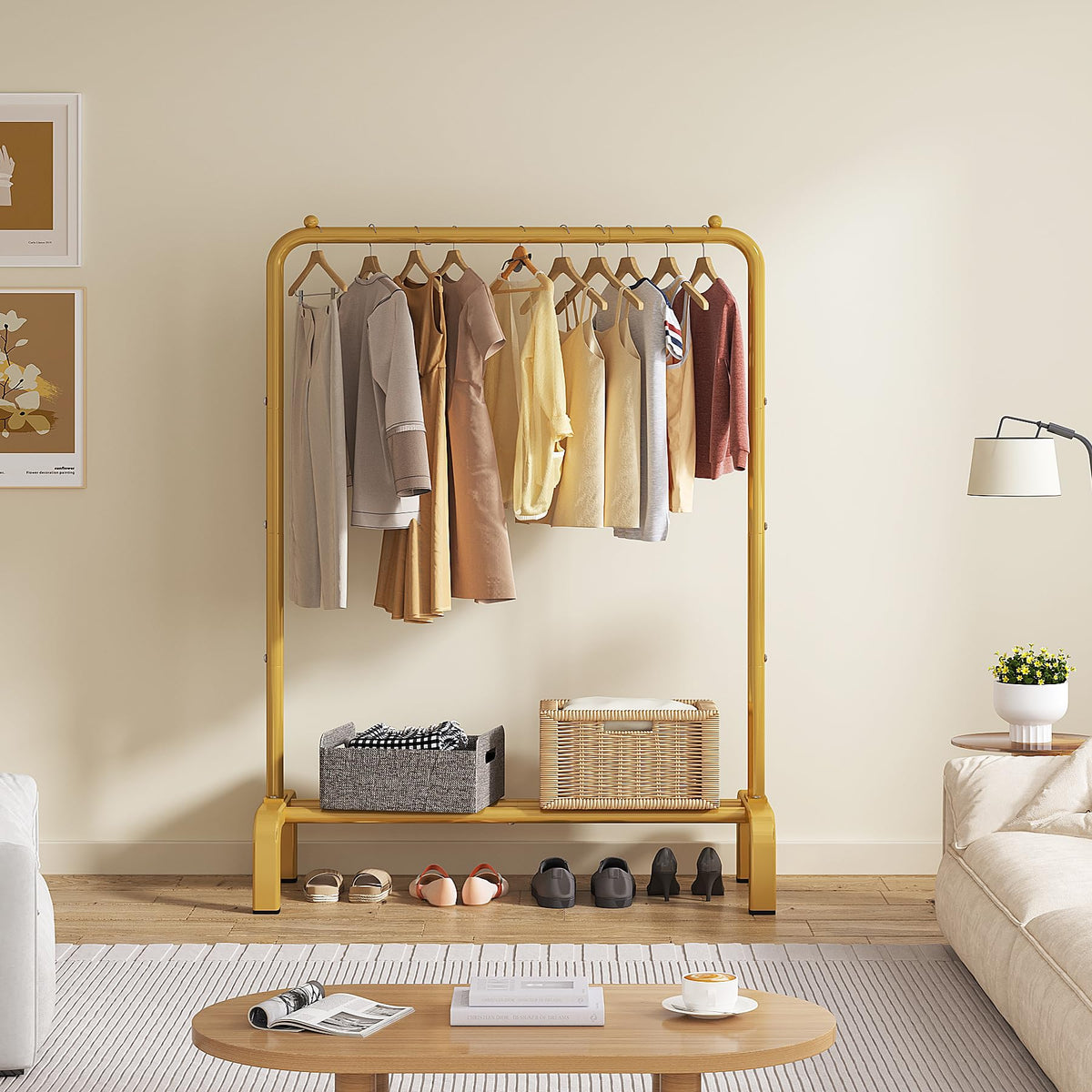 JIUYOTREE clothing rack with bottom shoe storage for entryway organization