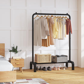 JIUYOTREE garment rack with steel frame and black finish boosts durability.