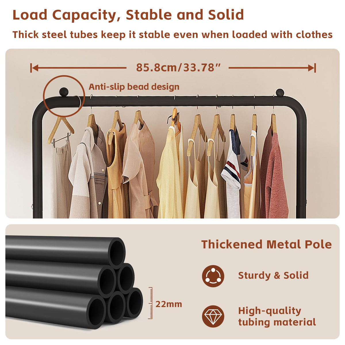 JIUYOTREE durable steel rack supports heavy wardrobe items up to 150 lb.