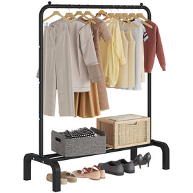 JIUYOTREE standard clothes rack with storage shelves for organized wardrobe display.