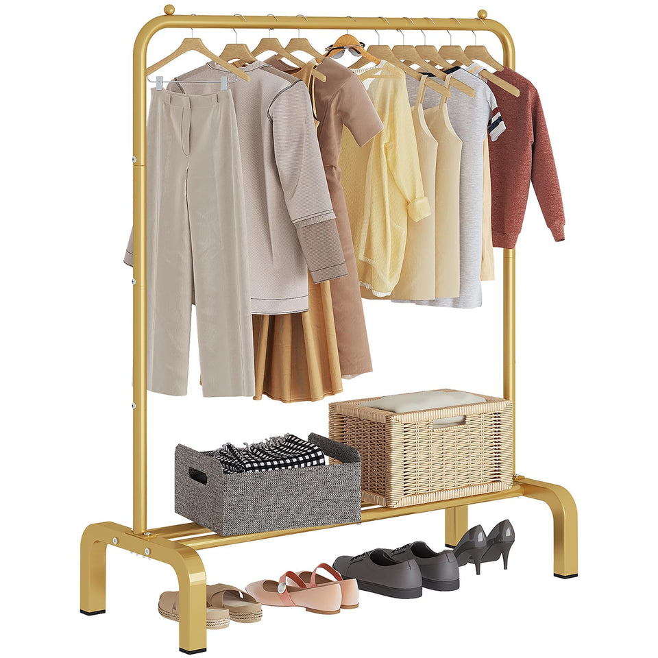 JIUYOTREE standard clothes rack with storage shelves for organized wardrobe access