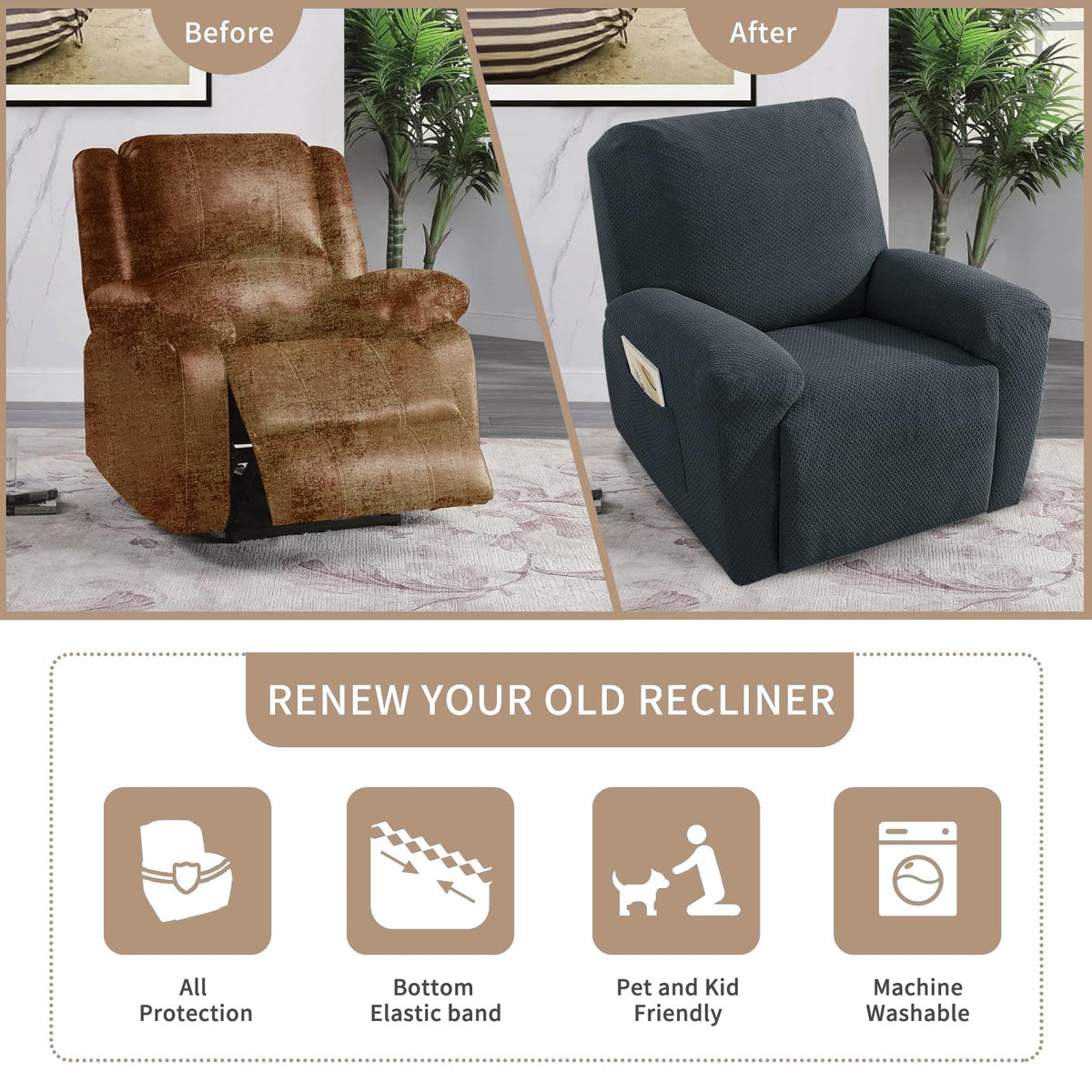 JIVINER universal-fit recliner cover protects most chairs while maintaining comfort.