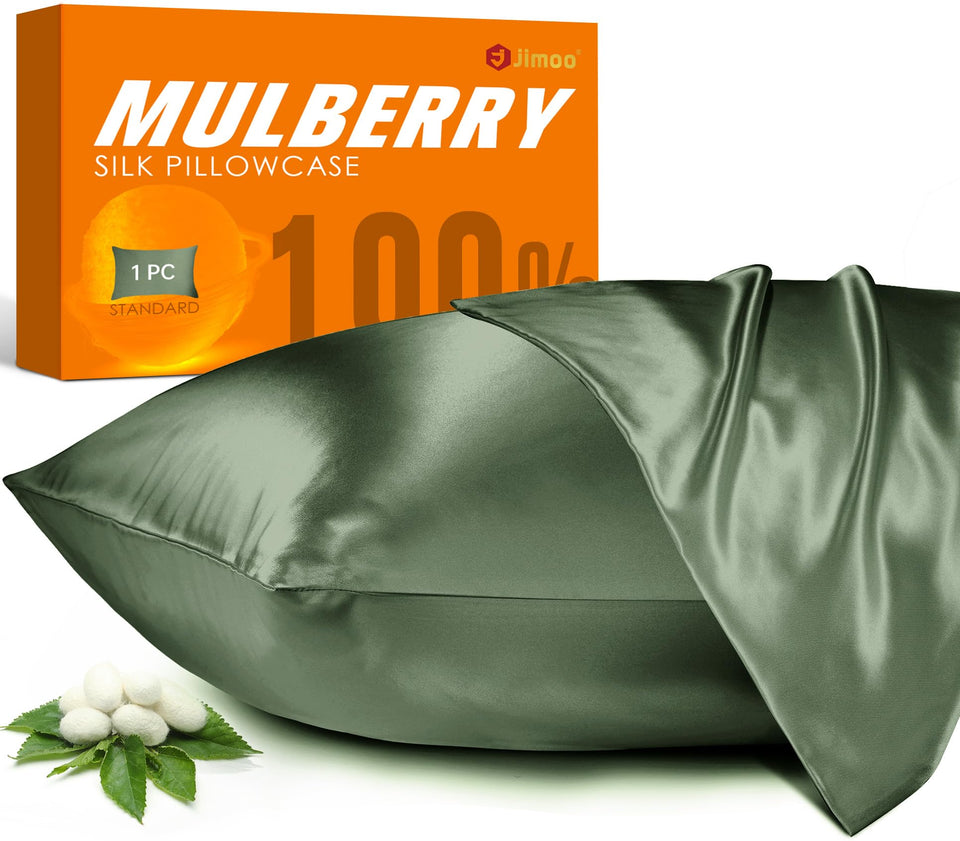 J JIMOO 100% mulberry silk pillowcase Matcha close-up highlights smooth skin-friendly fabric.