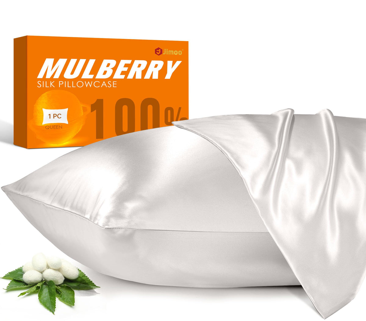 JJIMOO mulberry silk pillowcase ivory standard 20x26 front view showing smooth surface for skin and hair