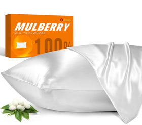 J JIMOO Mulberry silk pillowcase, queen size, flat view, smooth skin-friendly sleep surface.