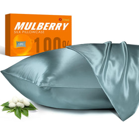 J JIMOO silk pillowcase in airy blue, front view, smooth surface for skin and hair