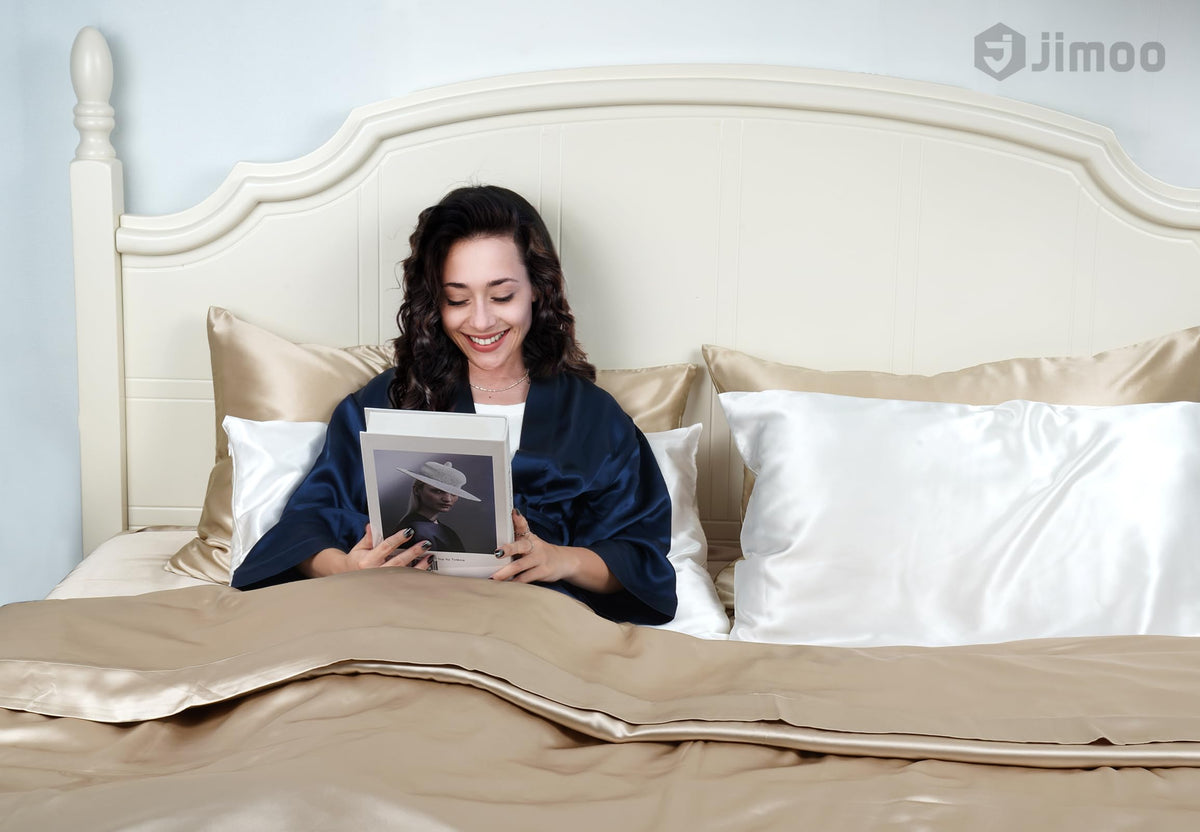 J JIMOO silk pillowcase on bed illustrates beige luxury and comfort.