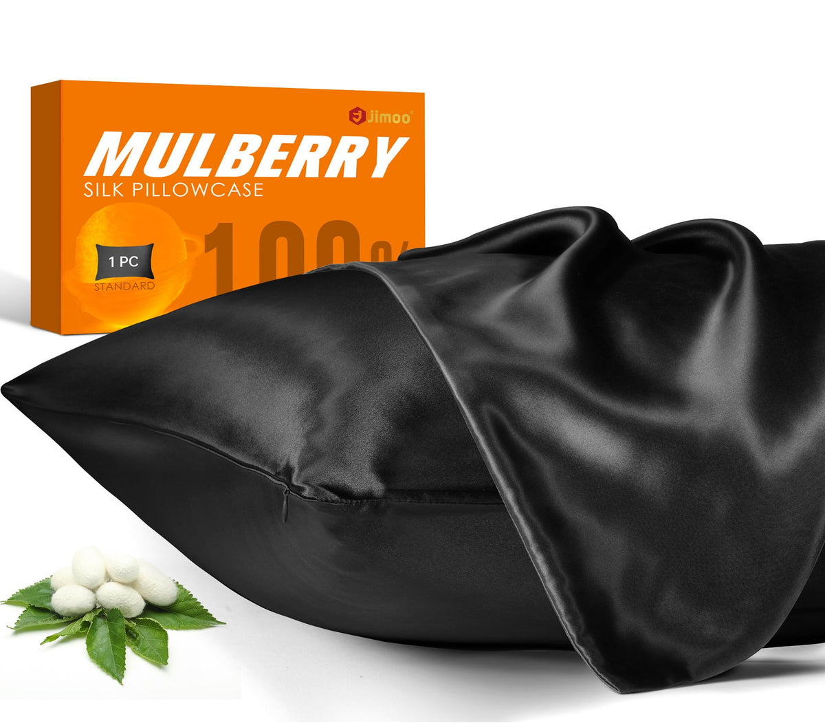 J JIMOO silk pillowcase front view with zipper for secure overnight fit.