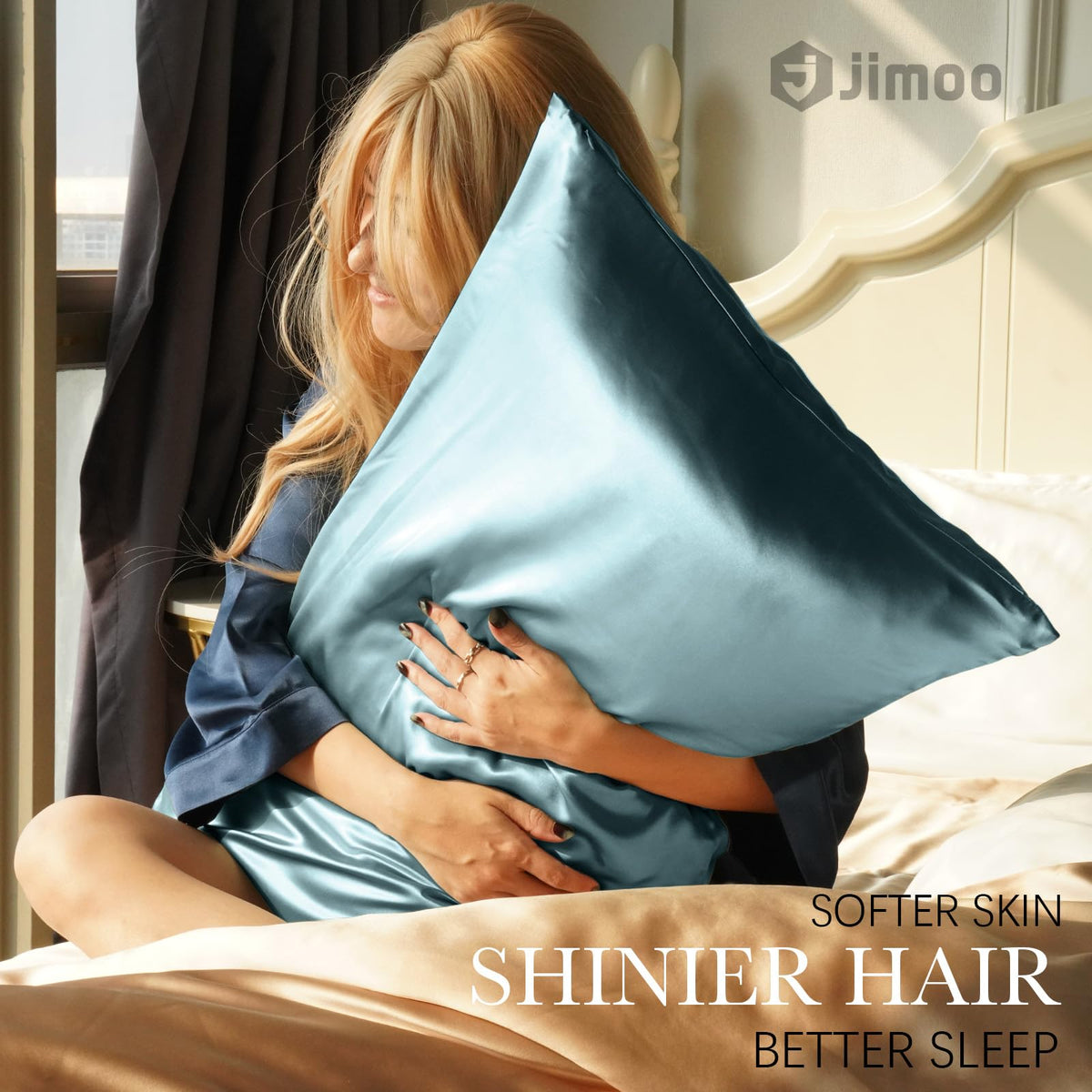 J JIMOO silk pillowcase hidden zipper close-up, secure overnight fit