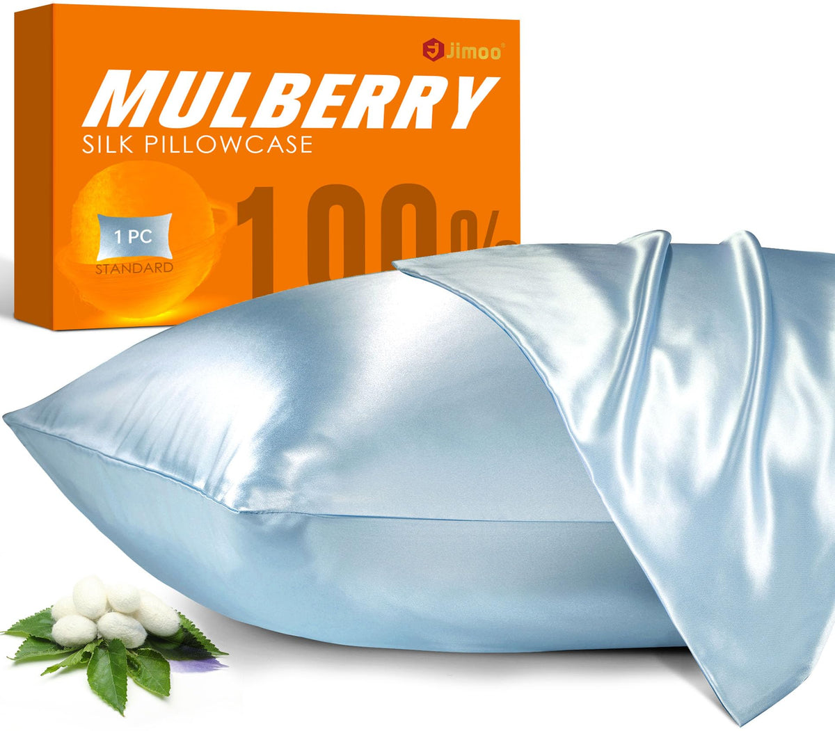 JJIMOO silk pillowcase in light blue with smooth surface for gentle skin contact.