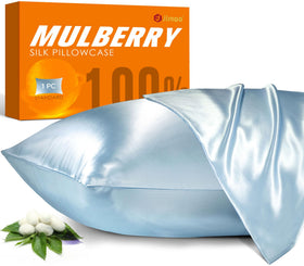 JJIMOO silk pillowcase in light blue with smooth surface for gentle skin contact.