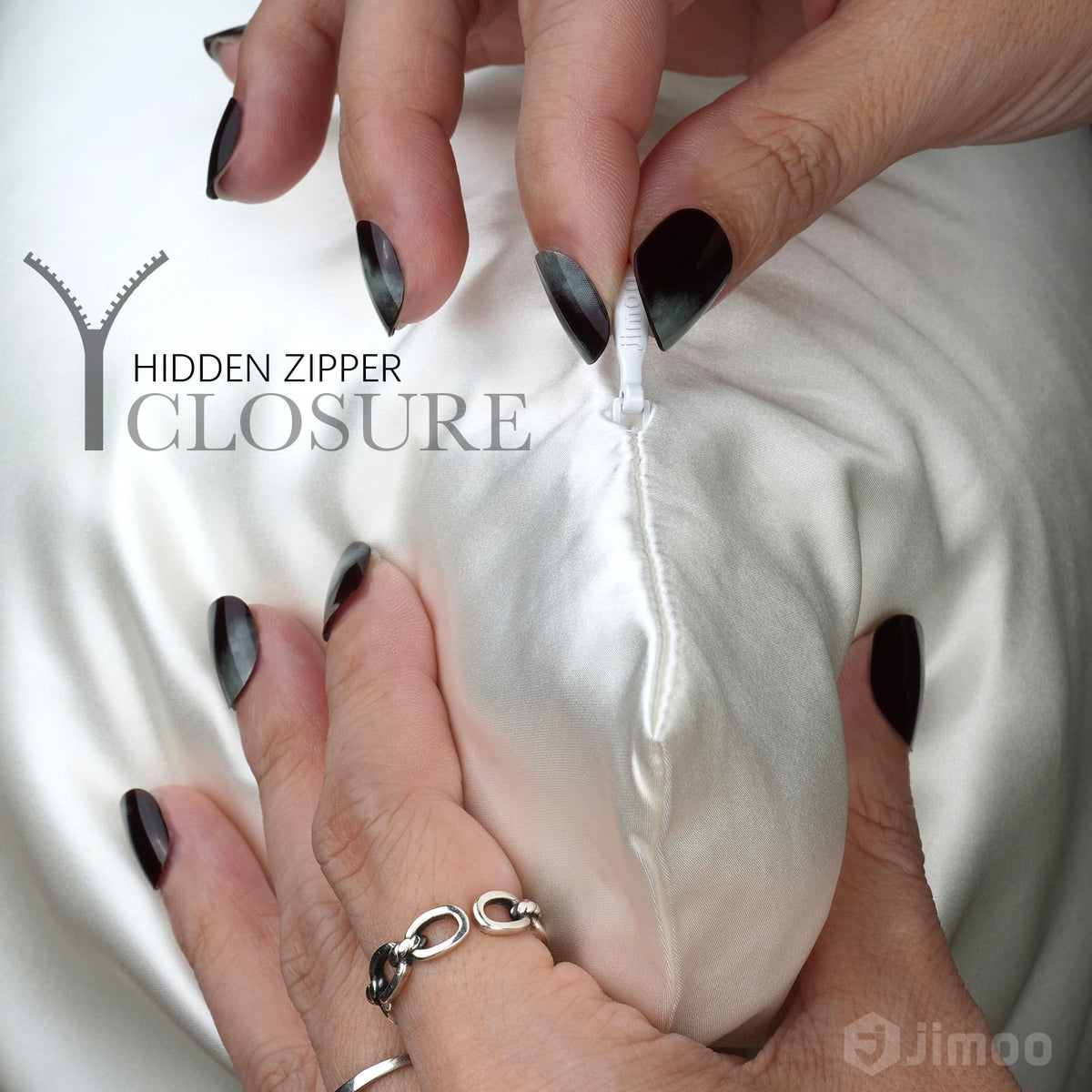 J JIMOO bed scene shows white queen pillowcase on clean bed.