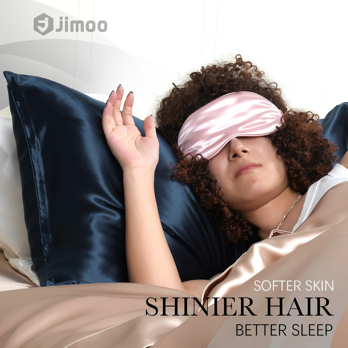 J JIMOO silk pillowcase navy queen, care label, simple care for long-lasting luxury