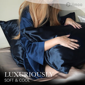 J JIMOO silk pillowcase navy queen, side closeup, smooth texture and quality weave
