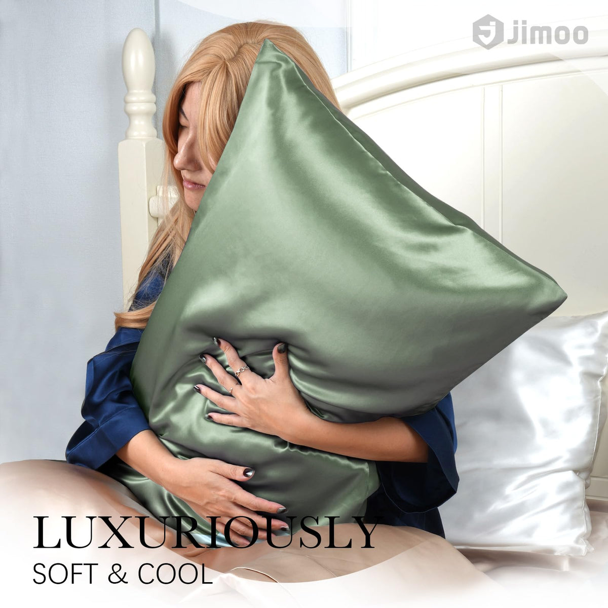 J JIMOO silk pillowcase with zipper closure secures the pillow overnight.
