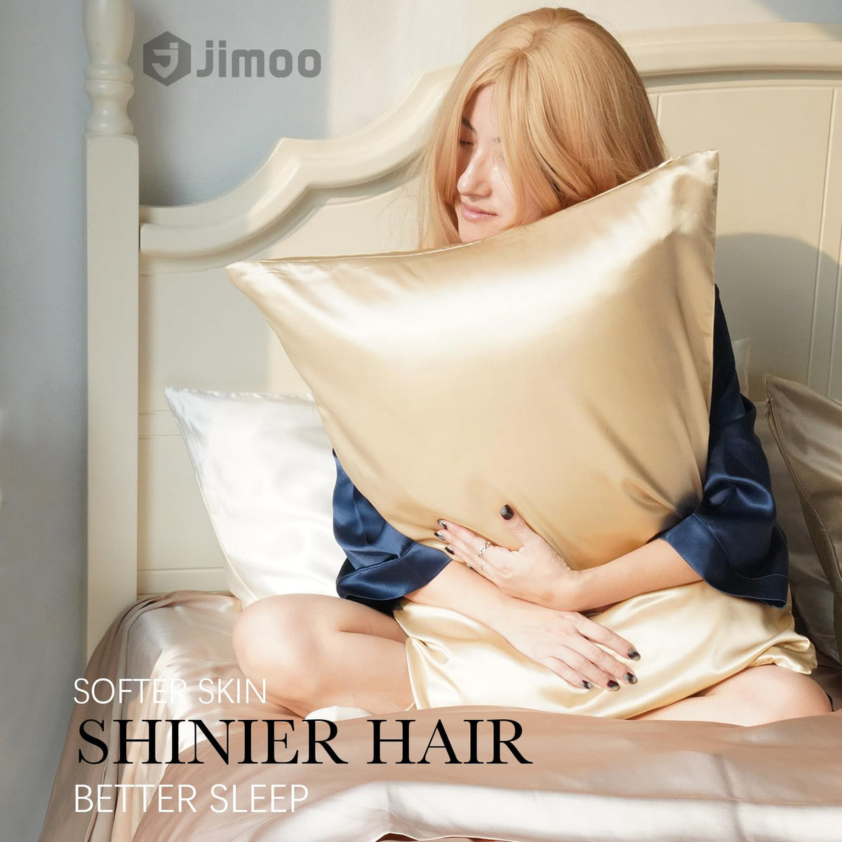 J JIMOO silk pillowcase zipper closure ensuring secure, easy fitting.