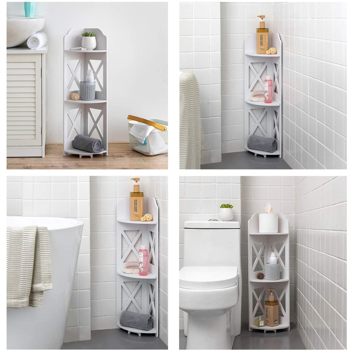 JJINXIAMU bathroom corner shelf with three tiers boosts small-space organization.