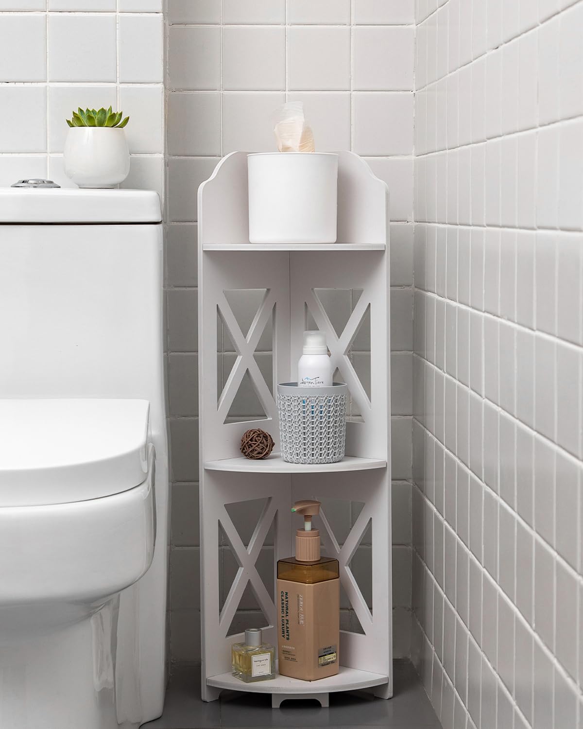 JJINXIAMU corner shelf stand in white adds compact bathroom storage.